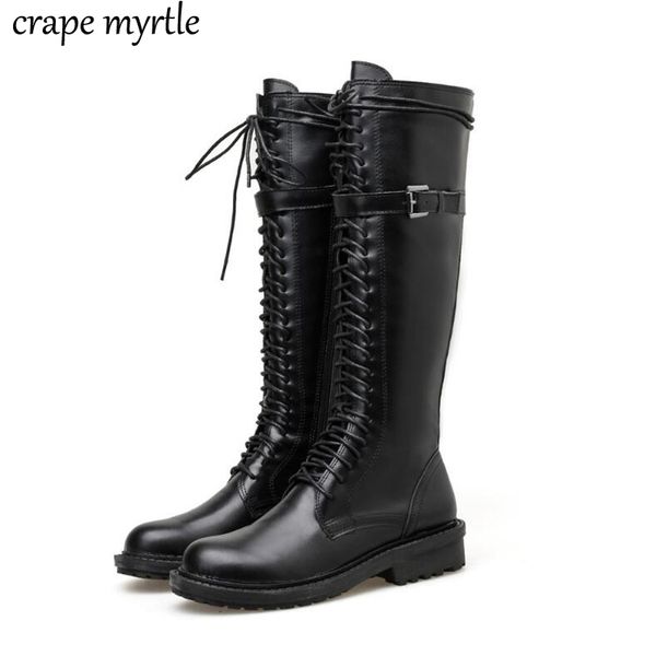 boots high knee winter warm women waterproof low heels ladies long black lace up soft leather yma960
