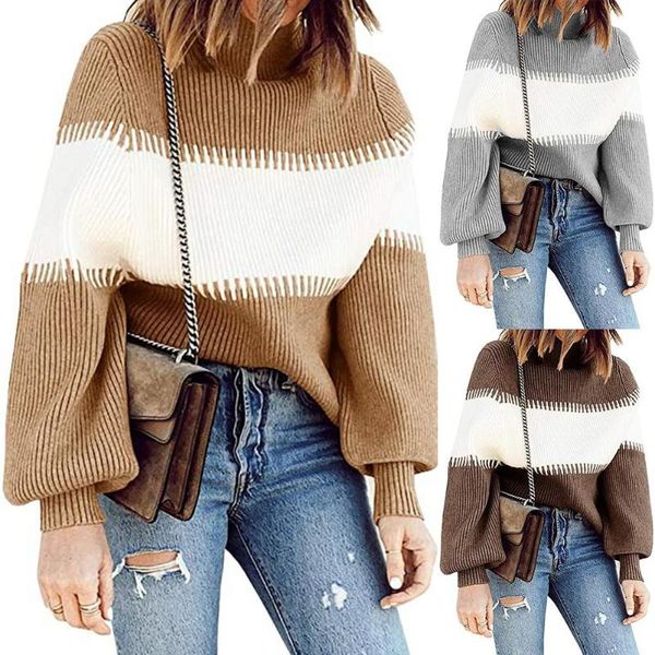 2020 women autumn winter turtle neck long puff sleeve color block pullover sweater knitwear plus size knitted, White;black
2020 women autumn winter turtle neck long puff sleeve color block pullover sweater knitwear plus size knitted, White;black