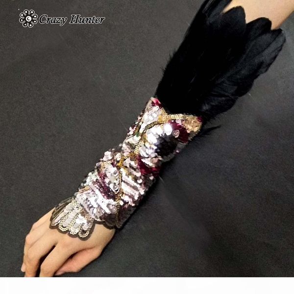 feather sequins cosplay custome womens arm gloves steampunk wrist cuff, Blue;gray