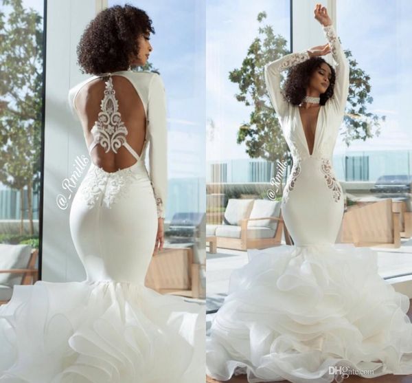 white long sleeves satin mermaid prom dresses 2020 lace applique organza layered ruffles backless vestidos de festa party evening gowns, Black
white long sleeves satin mermaid prom dresses 2020 lace applique organza layered ruffles backless vestidos de festa party evening gowns, Black