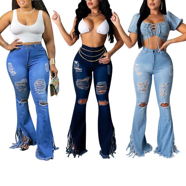 women's jeans women denim flared trousers, hole tassel decoration high waist design summer clothing, Blue
women's jeans women denim flared trousers, hole tassel decoration high waist design summer clothing, Blue