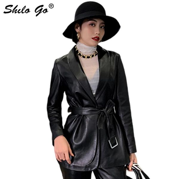 women's leather & faux blazer elegant notched neck single button detail buckle belted sheepskin coat women spring office lady solid out, Black
women's leather & faux blazer elegant notched neck single button detail buckle belted sheepskin coat women spring office lady solid out, Black