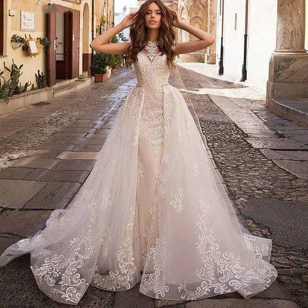 elegant lace mermaid wedding dresses with detachable train appliqued lace neck boho bridal gowns robe de mariee, White
elegant lace mermaid wedding dresses with detachable train appliqued lace neck boho bridal gowns robe de mariee, White