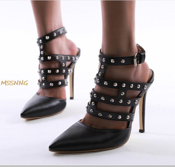 2020 summer new women's high heel rivet thin heels pointed toe ladies shoes party bockle strap female high heel big size, Black
