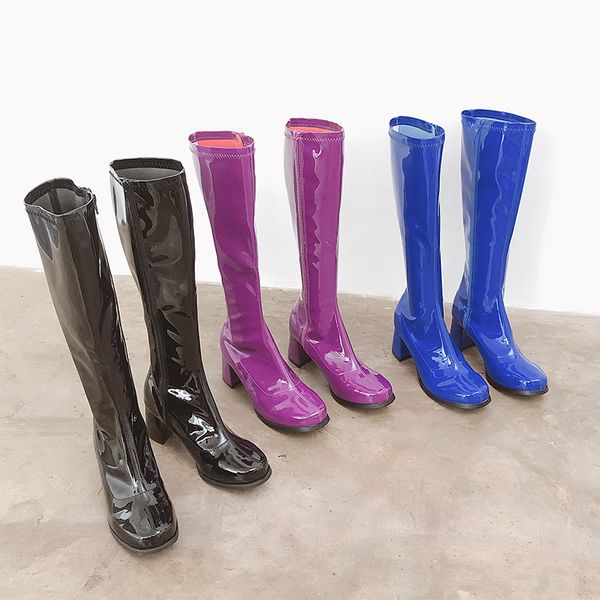 boots women knee high round toe mid thick heels patent leather nightclub fashion side zip winter black/blue/purple
boots women knee high round toe mid thick heels patent leather nightclub fashion side zip winter black/blue/purple
