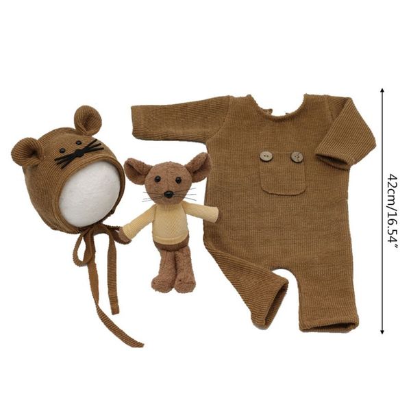 2020 new 3 pcs/set newborn pgraphy props suit knitted cotton jumpsuit hat mouse doll, White 
2020 new 3 pcs/set newborn pgraphy props suit knitted cotton jumpsuit hat mouse doll, White