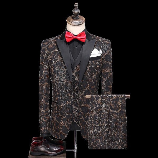 2020 large size suit suit men's three-piece evening stage banquet dress floral slim host, White;black 
2020 large size suit suit men's three-piece evening stage banquet dress floral slim host, White;black