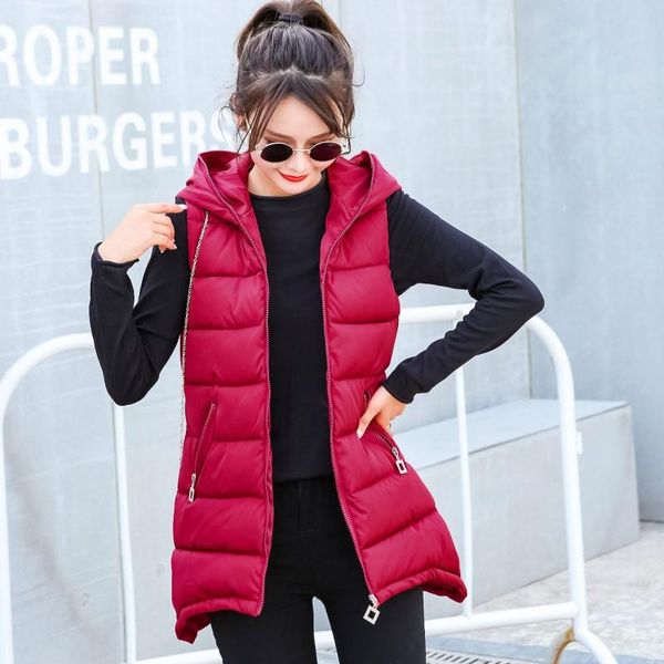 women's vests 2021 autumn winter loose warm thick cotton padded mid-long female korean style hooded sleeveless waistcoat a17, Black;white