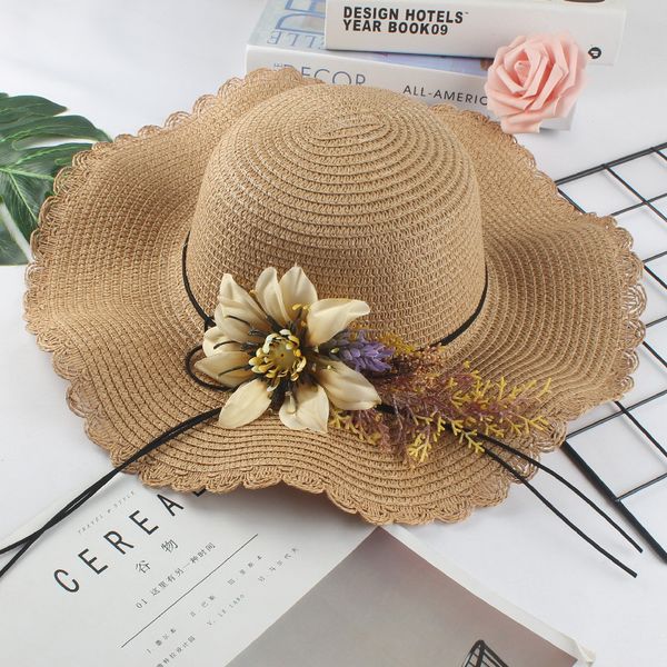 wave side new female spring and summer parent-child big brim hat bow flower beach sun hat, Blue;gray