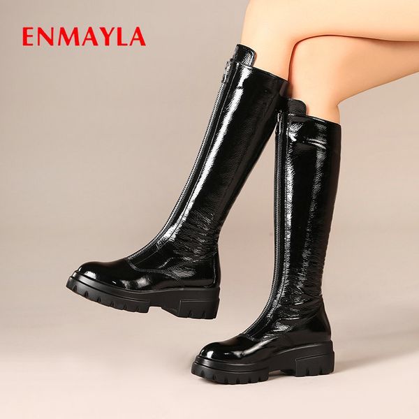 enmayla genuine leather women winter boots patent leather fashion round toe knee high boots lace-up winter women 34-42, Black 
enmayla genuine leather women winter boots patent leather fashion round toe knee high boots lace-up winter women 34-42, Black