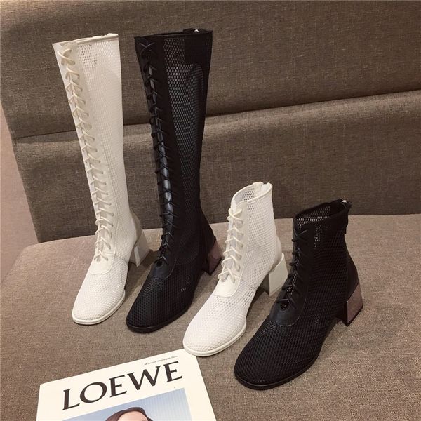 2020 summer women mesh boots lace up knee high boots luxury square low heels hollow cross strap designer white long shoes, Black
2020 summer women mesh boots lace up knee high boots luxury square low heels hollow cross strap designer white long shoes, Black