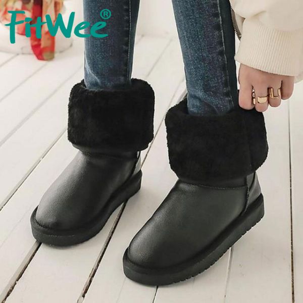 fitwee plus size 28-44 women mid calf snow boots genuine leather winter plush cotton shoes women thicken fur warm flats boots, Black 
fitwee plus size 28-44 women mid calf snow boots genuine leather winter plush cotton shoes women thicken fur warm flats boots, Black