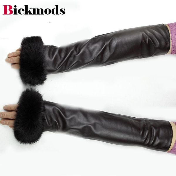 sheepskin gloves 40 cm long arm sleeve women' fashion fur cuff velvet lining warm female leather gloves ing, Blue;gray