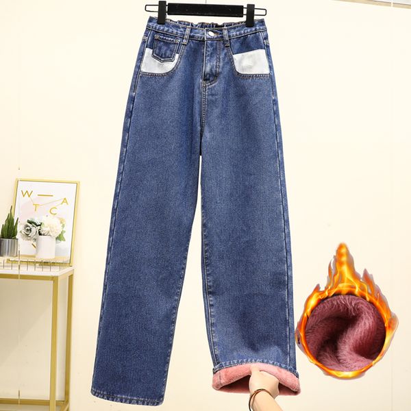 women's jeans wide leg thick high waist oversized ladies women warm, Blue