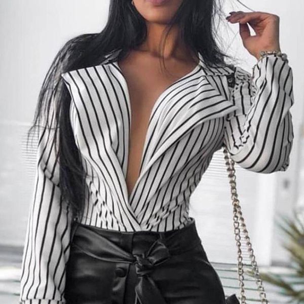 ladies casual long-sleeved v-neck low-cut striped slim shirts blouses ladies pullover party cocktail shopping top, White