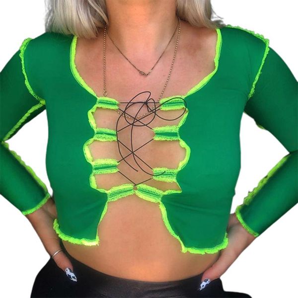 women's t-shirt autumn fashion cropped tees skinny patchwork y2k hollow out women tie front long sleeve green lace up, White
women's t-shirt autumn fashion cropped tees skinny patchwork y2k hollow out women tie front long sleeve green lace up, White