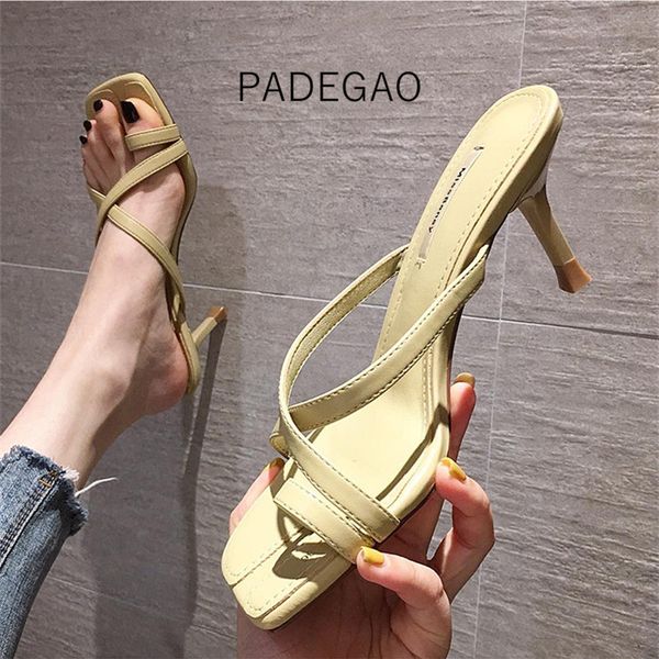 2020 women slippers yellow casual narrow band high-heeled outside summer concise women's slippers, Black
2020 women slippers yellow casual narrow band high-heeled outside summer concise women's slippers, Black