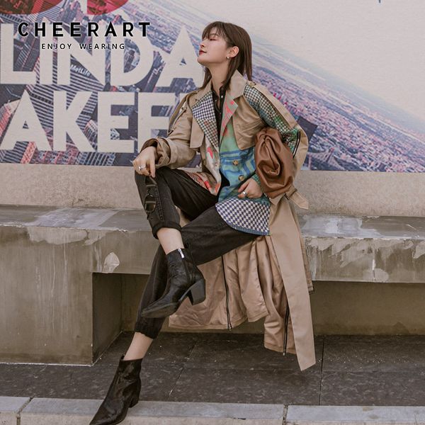 cheerart designer long trench coat for women fashion overcoat patchwork khaki plaid belt coat windbreaker trench femme, Tan;black
cheerart designer long trench coat for women fashion overcoat patchwork khaki plaid belt coat windbreaker trench femme, Tan;black