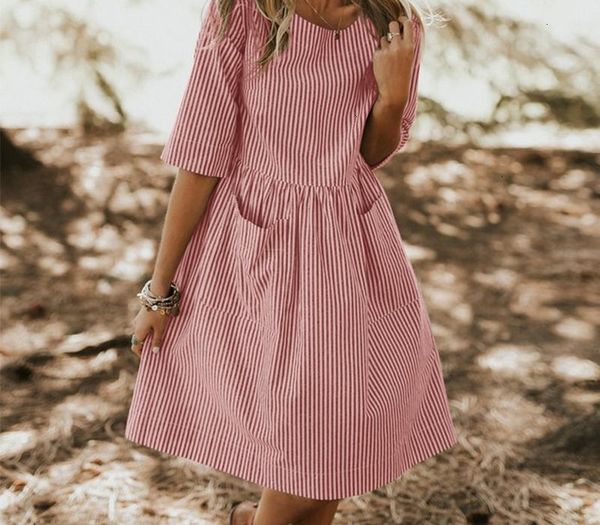 size plus women summer vintage o neck half pockets loose striped dress casual baggy work sundress party vestido designer clothes, Black;gray 
size plus women summer vintage o neck half pockets loose striped dress casual baggy work sundress party vestido designer clothes, Black;gray