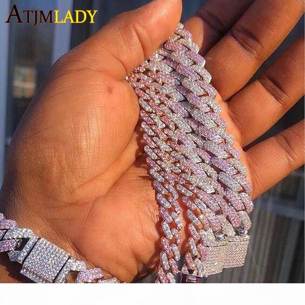 

2020 iced out hip hop bling micro pave cz women jewelry 17cm 19cm miami cuban link chain pink white two tone color bracelet, Golden;silver