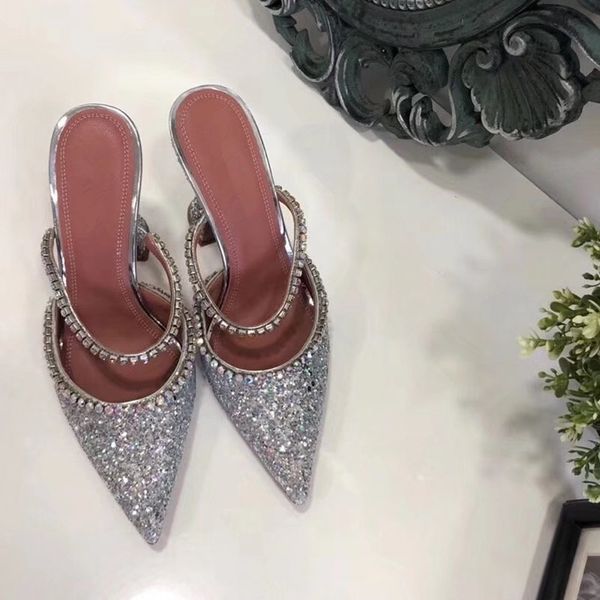 dress shoes women's high-heeled baotou half drag thin heel sequins glitter crystal embellishment fashion pointed, Black 
dress shoes women's high-heeled baotou half drag thin heel sequins glitter crystal embellishment fashion pointed, Black