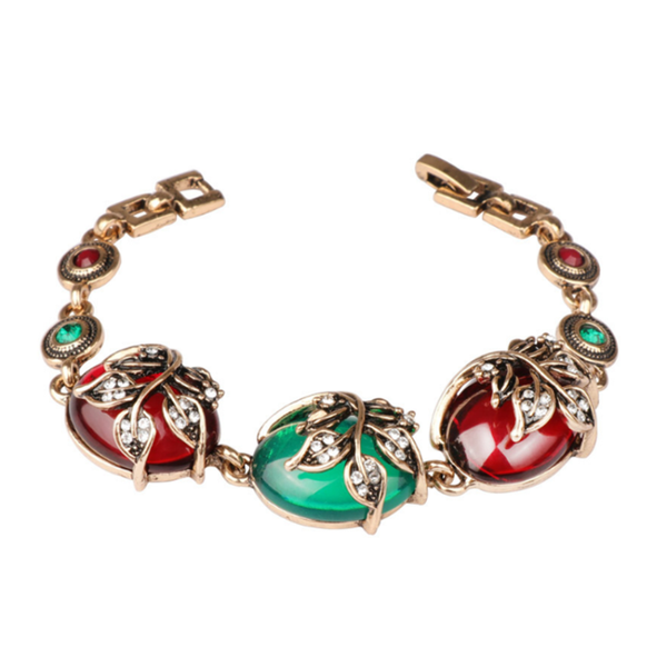 light yellow gold color alloy link chain oval shape red and green resin bracelet with rhinestone leaf jewelry, Black
light yellow gold color alloy link chain oval shape red and green resin bracelet with rhinestone leaf jewelry, Black