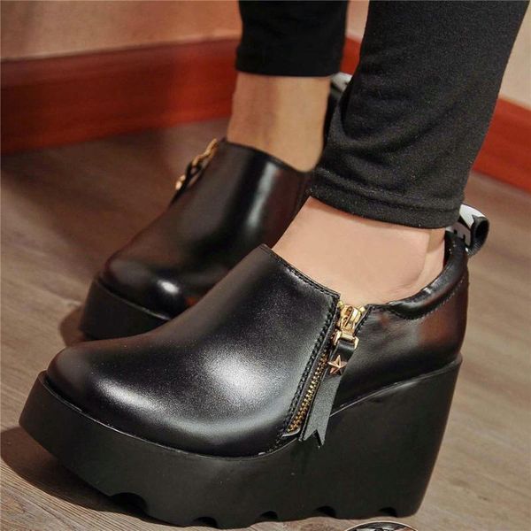 chunky platform oxfords shoes women genuine leather wedges high heel pumps shoes female low round toe trainers casual, Black
