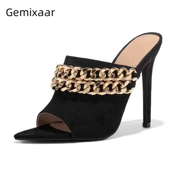 luxury suede peep toe runway shoes woman stiletto heel pointed toe metal chains decor high heel slippers women, Black
luxury suede peep toe runway shoes woman stiletto heel pointed toe metal chains decor high heel slippers women, Black