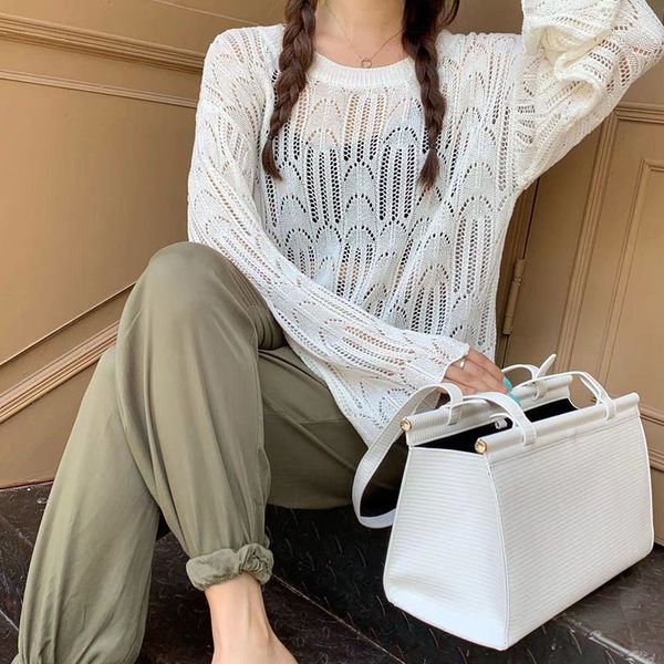 women's sweaters simple stylish round neck perspective hollow thin long sleeve knitted pullover loose slim joker sunscreen air conditio, White;black
women's sweaters simple stylish round neck perspective hollow thin long sleeve knitted pullover loose slim joker sunscreen air conditio, White;black
