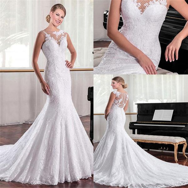 2020 scoop mermaid lace appliques natural slim wedding dresses buttons back custom made long bridal gowns custom spring vestidos de mariee, White 
2020 scoop mermaid lace appliques natural slim wedding dresses buttons back custom made long bridal gowns custom spring vestidos de mariee, White