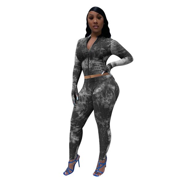 die dye womens two piece set womens slim designer two piece pants high collar with gloves zipper, Gray