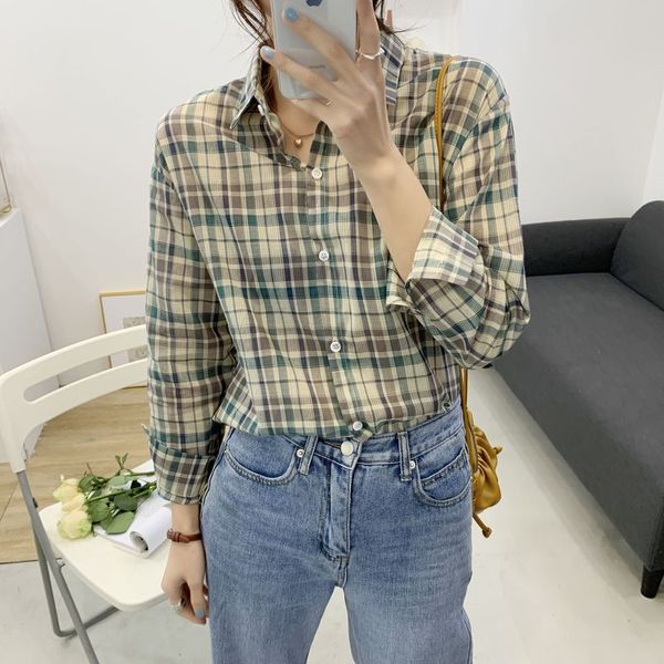 women's blouses & shirts spring summer simple plaid women casual vintage turn-down collar long sleeve blouse female all match chic blu, White
women's blouses & shirts spring summer simple plaid women casual vintage turn-down collar long sleeve blouse female all match chic blu, White