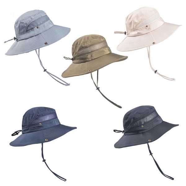 men breathable mesh wide brim fishing hat solid color sun protection travel hiking adjustable cowboy bucket cap with chin strap, Blue;gray
men breathable mesh wide brim fishing hat solid color sun protection travel hiking adjustable cowboy bucket cap with chin strap, Blue;gray