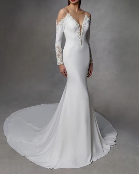 mermaid / trumpet wedding dresses v neck court train stretch satin lace over satin long sleeve with embroidery, White
mermaid / trumpet wedding dresses v neck court train stretch satin lace over satin long sleeve with embroidery, White