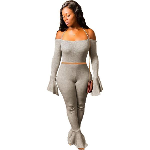 off shoulder halter solid two piece set women lounge wear long sleeve crop + flare pants bodycon tracksuit women outfit, Gray
off shoulder halter solid two piece set women lounge wear long sleeve crop + flare pants bodycon tracksuit women outfit, Gray