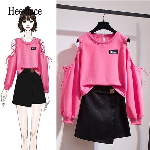 off the shouler full sleeve autumn sets female korean loose pullover and pu mini bodycon black skirt two pieces sets, Gray