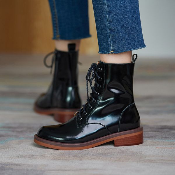 women genuine leather ankle boots motorcycle laces up boots winter leather flat heel short laces shoes boots 2020, Black
women genuine leather ankle boots motorcycle laces up boots winter leather flat heel short laces shoes boots 2020, Black
