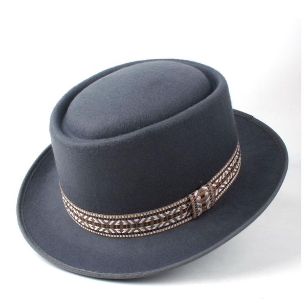 fashion men women wool pork pie hat with ribbon retro flat trilby hat wide brim boater flat fedora jazz size 58cm, Blue;gray
fashion men women wool pork pie hat with ribbon retro flat trilby hat wide brim boater flat fedora jazz size 58cm, Blue;gray