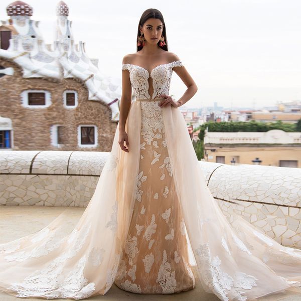 off the shoulder light champagne tulle and white lace sheath wedding dress with detachable long skirt bridal gown vestido casame
off the shoulder light champagne tulle and white lace sheath wedding dress with detachable long skirt bridal gown vestido casame