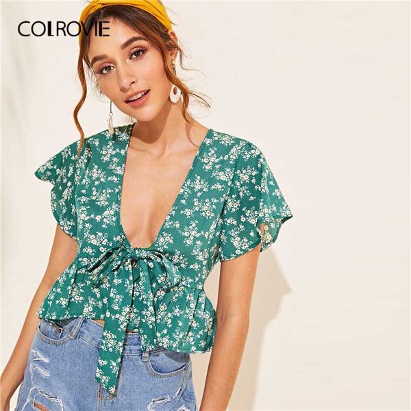 colrovie green floral print tie front ruffle hem blouse shirt women 2020 summer boho deep v neck short sleeve ladies crop, White
colrovie green floral print tie front ruffle hem blouse shirt women 2020 summer boho deep v neck short sleeve ladies crop, White