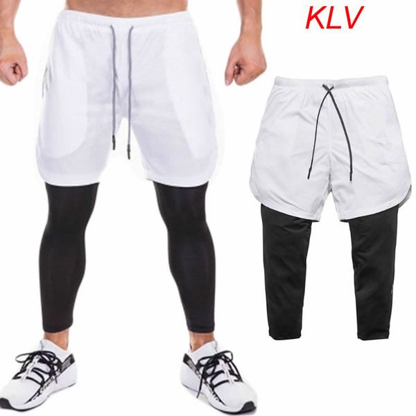 men 2 in 1 running sport pants shorts basketball training compression tights workout gym quick dry leggings with pockets, White;black
men 2 in 1 running sport pants shorts basketball training compression tights workout gym quick dry leggings with pockets, White;black