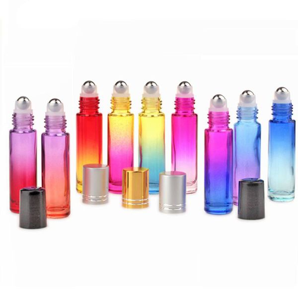 10ml Gradient Glass Essential Oil Perfume Bottle Thick Wall Roll On Bottle Stainless Steel Roller Ball Color Cap Packing Bottle Dhl