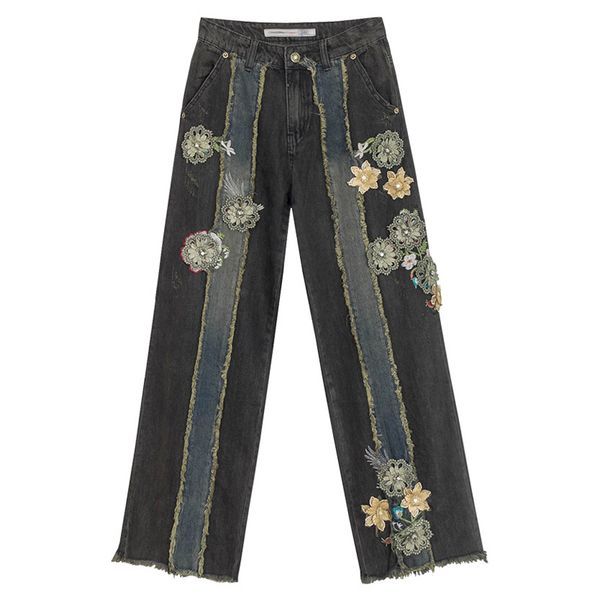 spring fall vintage womens high waisted wide leg embroidery flower patchwork denim trousers , woman beading tassel jeans pants, Blue
spring fall vintage womens high waisted wide leg embroidery flower patchwork denim trousers , woman beading tassel jeans pants, Blue