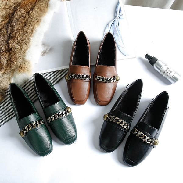 new single/plush flats shoes metal chain decorated square toe soft leather loafers warm fur espadrilles two wears mules slippers, Black
new single/plush flats shoes metal chain decorated square toe soft leather loafers warm fur espadrilles two wears mules slippers, Black