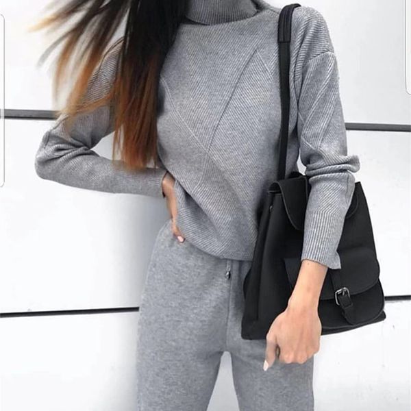 women's tracksuits knitted ribbed turtleneck women sweater sets long sleeve pullovers+lace up pockets pants lady suit winter female tra, Gray
women's tracksuits knitted ribbed turtleneck women sweater sets long sleeve pullovers+lace up pockets pants lady suit winter female tra, Gray