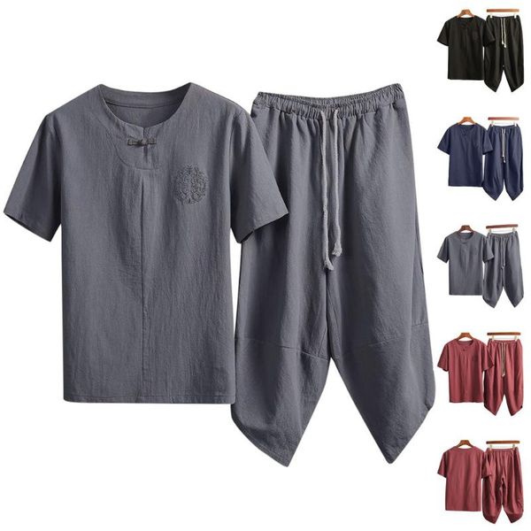 men's tracksuits suit cotton and linen solid color summer short-sleeved cropped trousers casual round neck t617, Gray
men's tracksuits suit cotton and linen solid color summer short-sleeved cropped trousers casual round neck t617, Gray