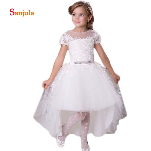 short lace sleeve knee length flower girls dresses illusion o-neck girls first communion dresses with detachable train ssd621, Red;yellow
short lace sleeve knee length flower girls dresses illusion o-neck girls first communion dresses with detachable train ssd621, Red;yellow