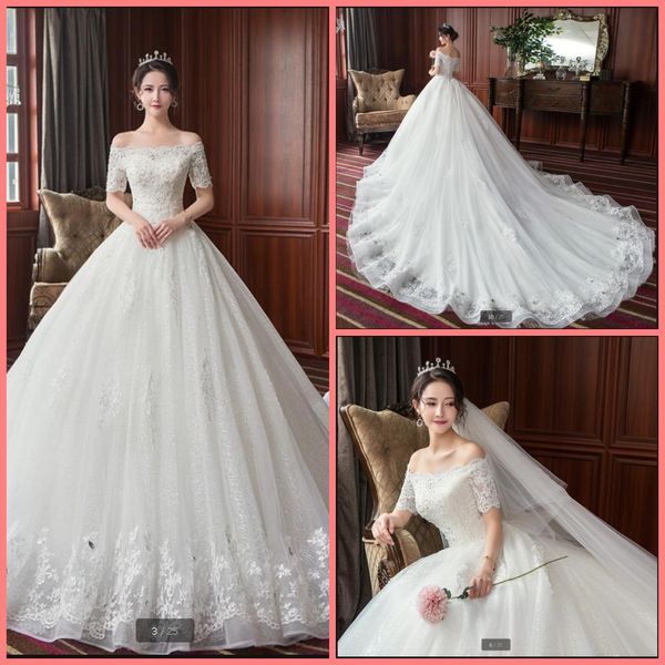 2020 new arrival white lace appliques ball gown wedding dress beading sequins off the shoulder princess puffy long bride dress chapel train
2020 new arrival white lace appliques ball gown wedding dress beading sequins off the shoulder princess puffy long bride dress chapel train
