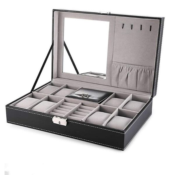 Leather Watch Box 8 Mens Watch Organizer Jewelry Display Drawer Lockable Watch Case Organizer & 8 Slots Rings Tray With Lock Mx200810