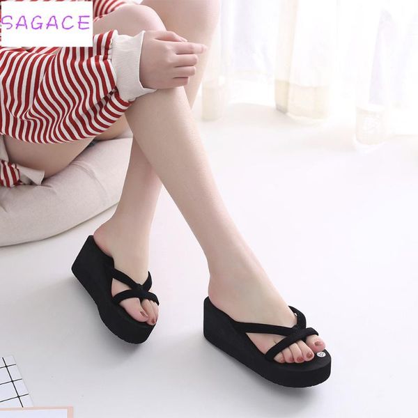 sagace women summer slipper girls platform high heel flip flops beach sandals bowknot slippers women shoes size34-43, Black